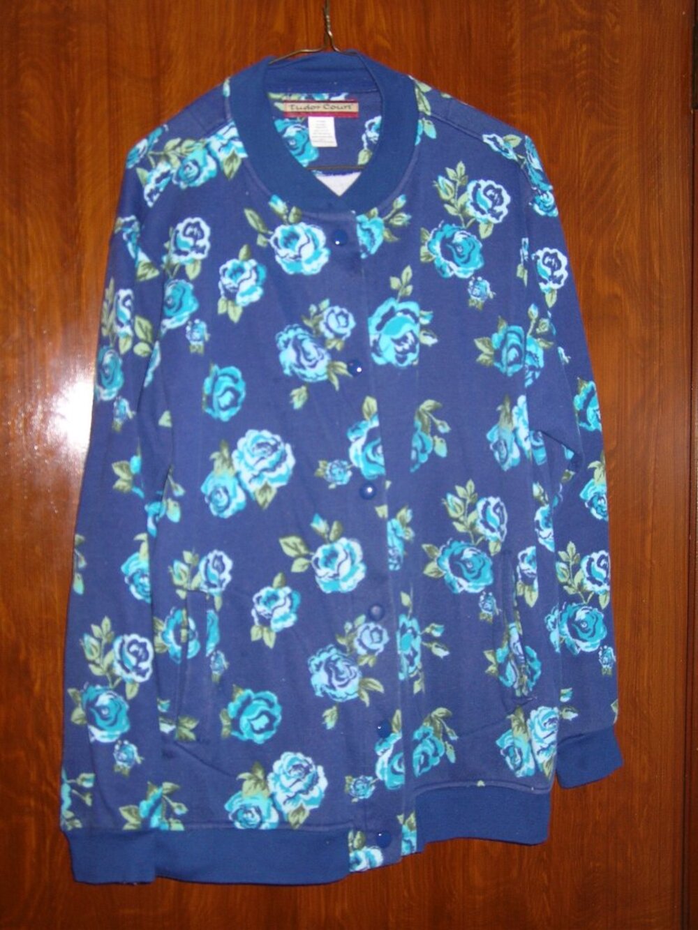 Women's Snap Front Blue Floral Sweatshirt Tudor Court Large w/Side Pockets 23